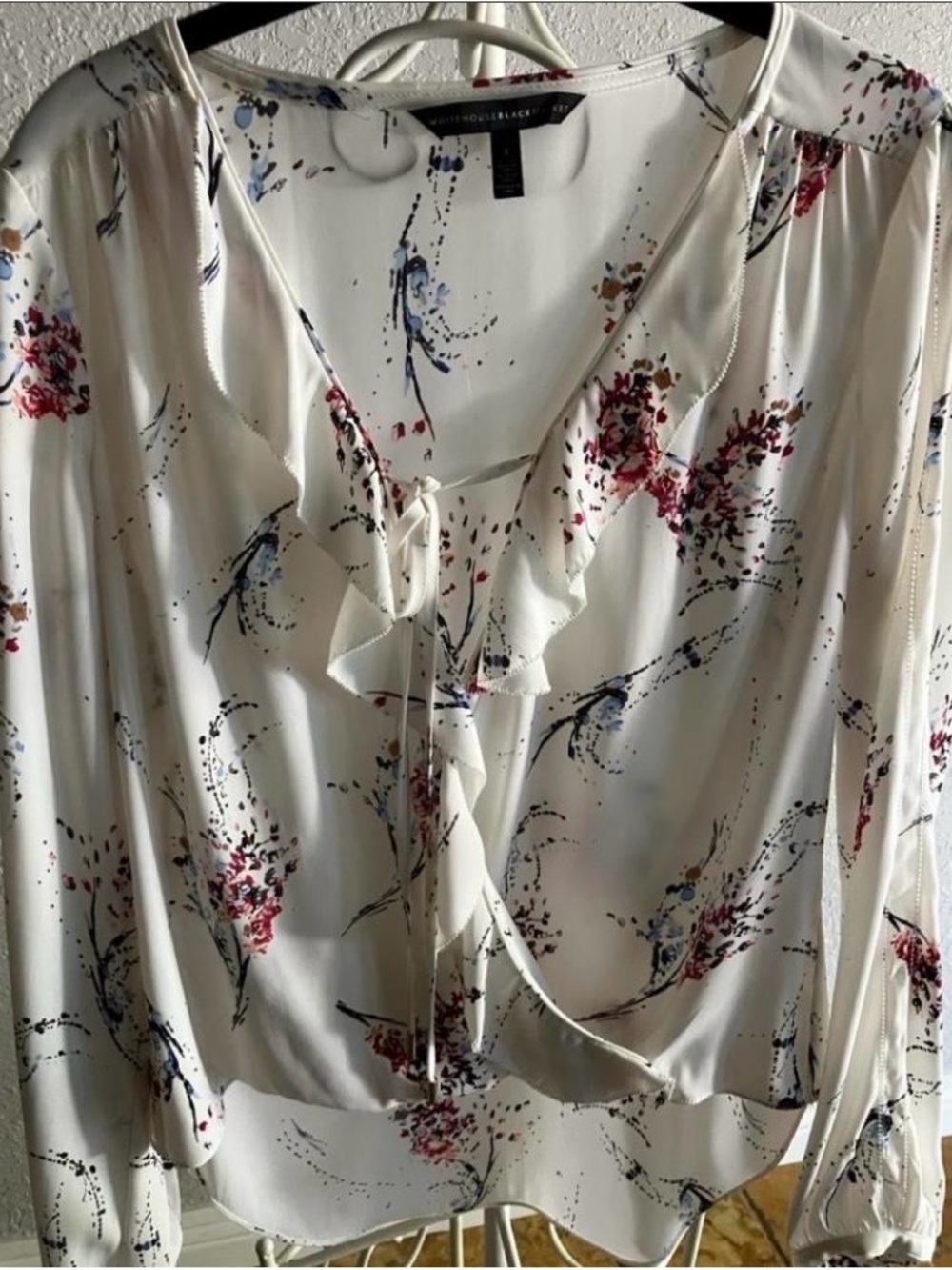 White House Black Market Cream Floral Ruffle Tie Blouse